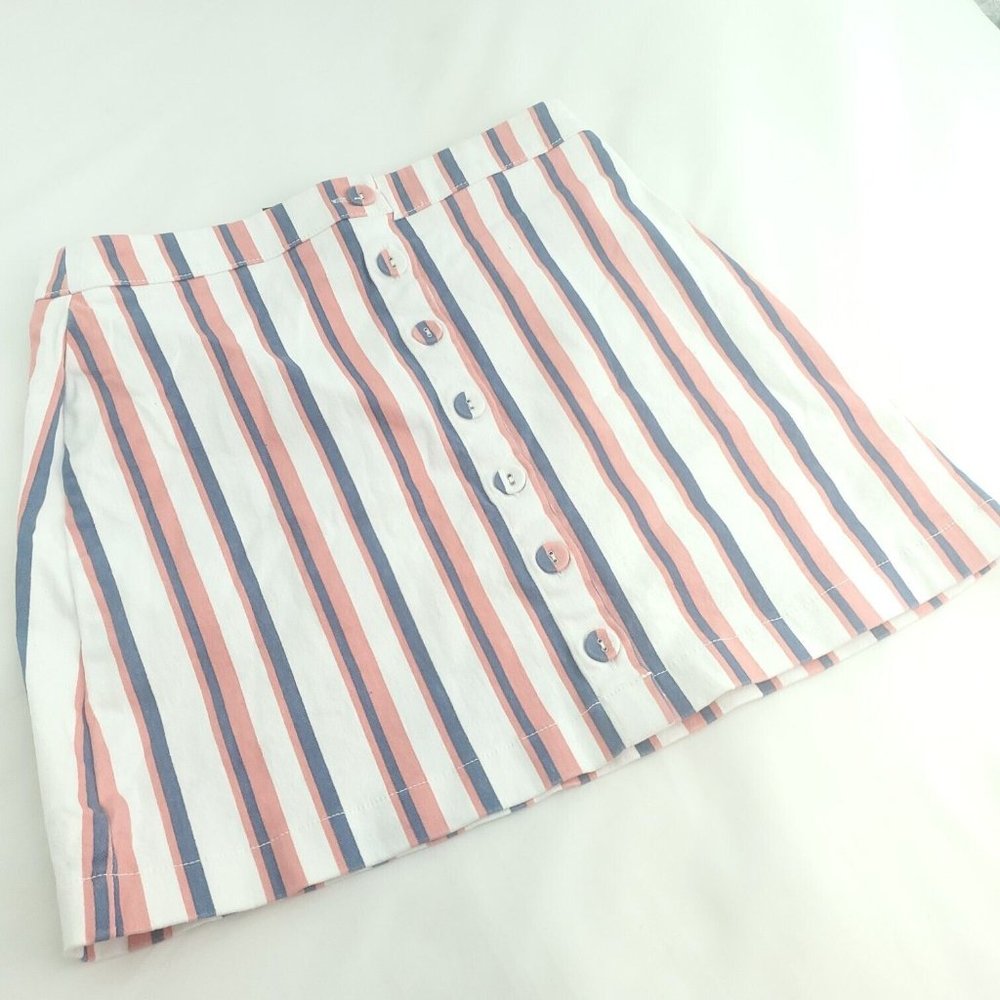 Forever 21 Womens White Striped Stretch Button Front Mini Short Skirt Size M